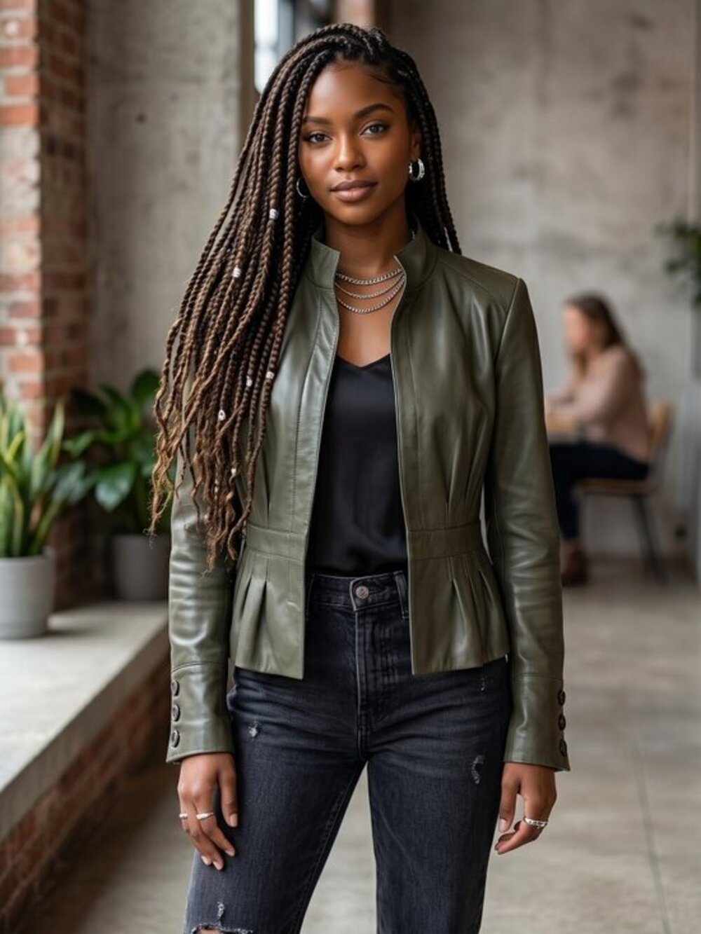 Hugo boss darted zip front Women's Olive Green Leather Jacket size 10
